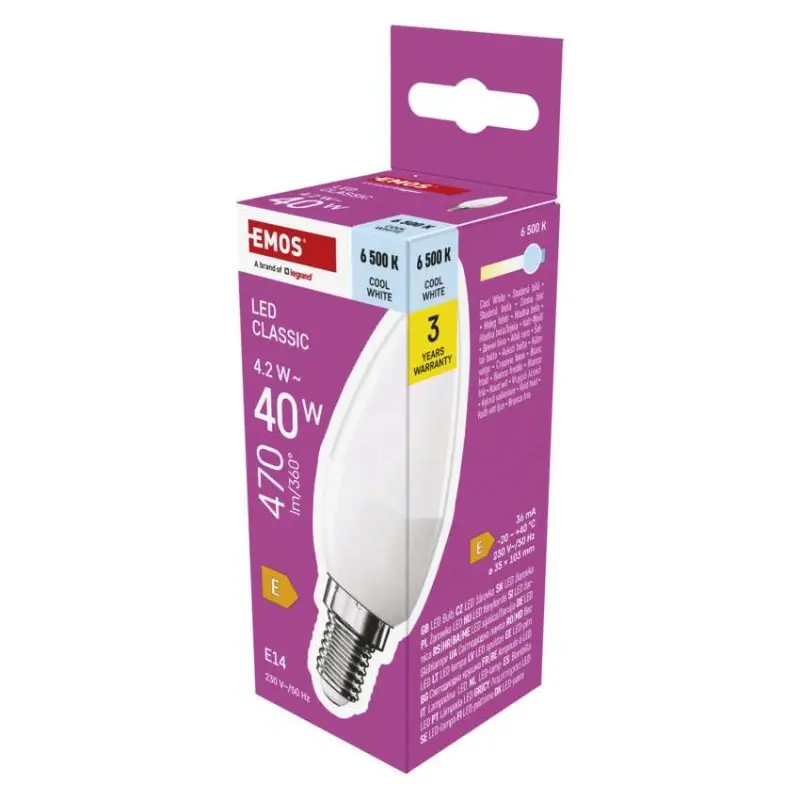 Žárovka LED CLS CANDLE 4,2W(40W) 470lm E14 CW, Emos#29562