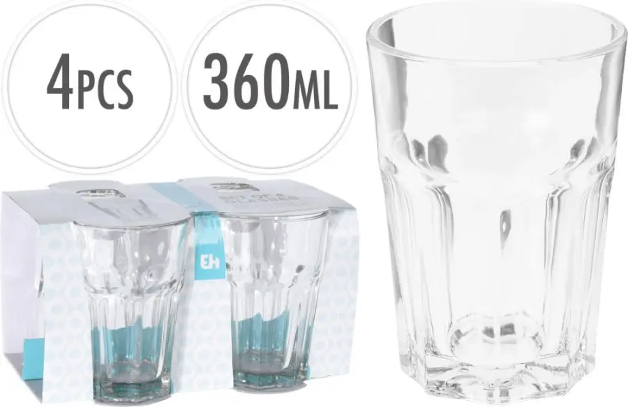 Sklenice na vodu, 360ml, výška 12cm, sklo 4ks sada#30164