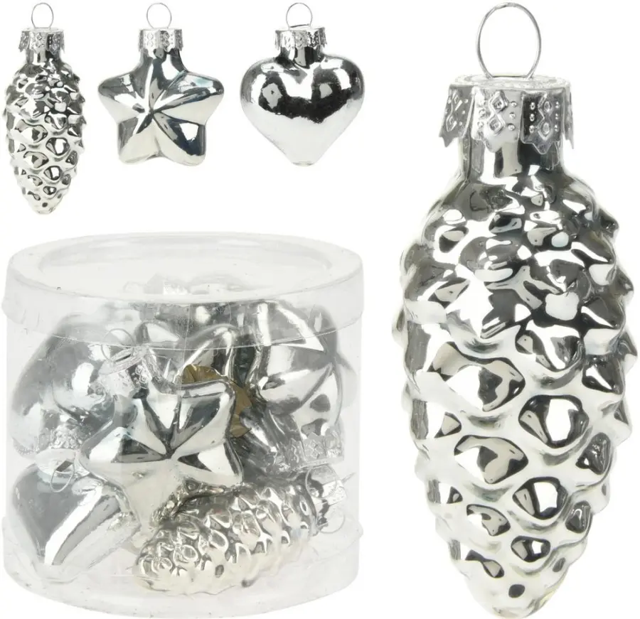 Ozdoba závěsná sklo stříbrná šiška/hvězda/srdce sada 12ks#30389