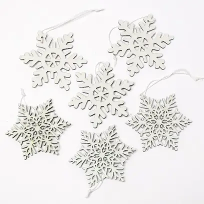 Ozdoba závěsná vločka 16x14x1cm, sada 6ks, dřevo bílá mix#30393