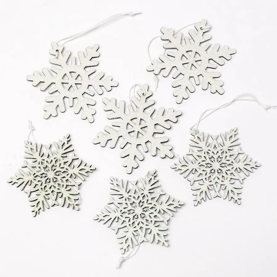 Ozdoba závěsná vločka 16x14x1cm, sada 6ks, dřevo bílá mix#30393