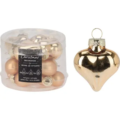 Ozdoba závěsná šiška/hvězda/srdce sklo zlatá 12ks#30417