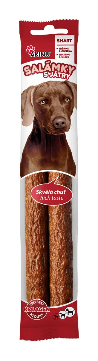 Pamlsek pro psy Mlska salámky s játry 80g, Akinu